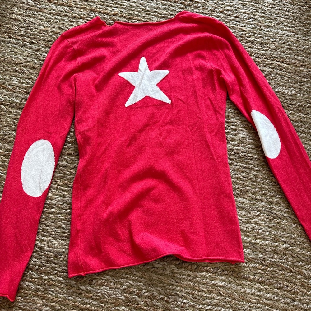 Red V-Neck Sweater with White Star and Patches